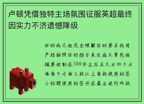 卢顿凭借独特主场氛围征服英超最终因实力不济遗憾降级